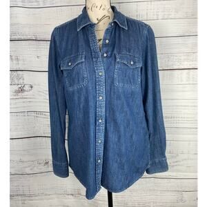 Talbots Button Front Shirt Womens S Vertically Striated Denim Cotton Long Sleeve